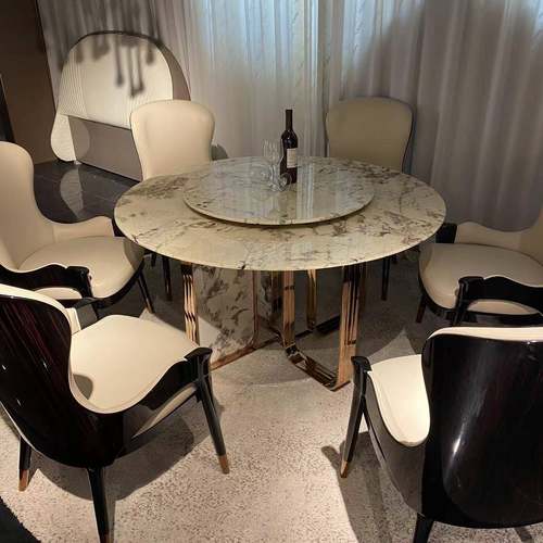 天然大理石别墅豪宅餐厅系列圆餐桌一桌6椅高端别墅