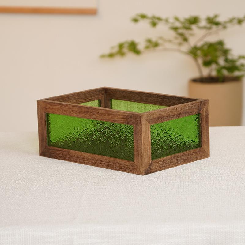 复古木质化妆台桌面装饰盒杂物整理无盖木盒摆设海棠花玻璃收纳盒