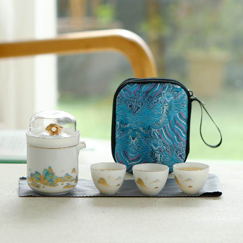 羊脂玉倾山快客杯旅行茶具套装便捷式茶壶一壶三杯户外喝茶装备