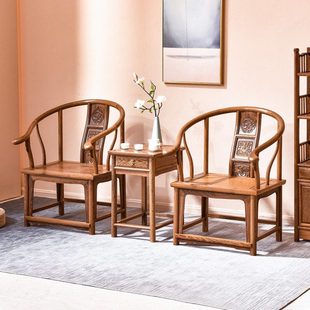 红木家具鸡翅木圈椅三件套麒麟中式圆椅围椅实木茶椅主人椅太师椅