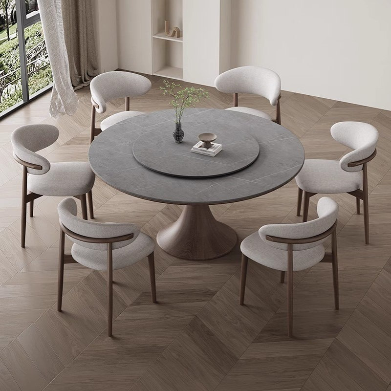 实木岩板圆形餐桌带转盘餐桌椅设计师组合现代简约胡桃色实木圆桌