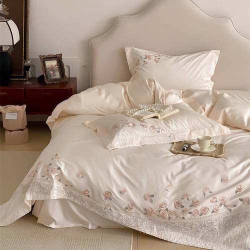 唯美法式少女心澳棉四件套花卉刺绣全棉被套床单床上用品