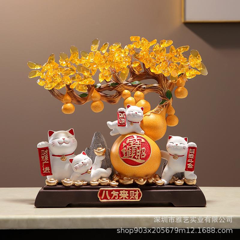新来中式八方四猫发财财招财猫摆件开店业乔迁铺收财银台装饰发树