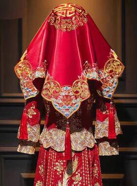 红盖头新娘结婚中式22新款秀禾服刺绣缎面古风纱出嫁盖头