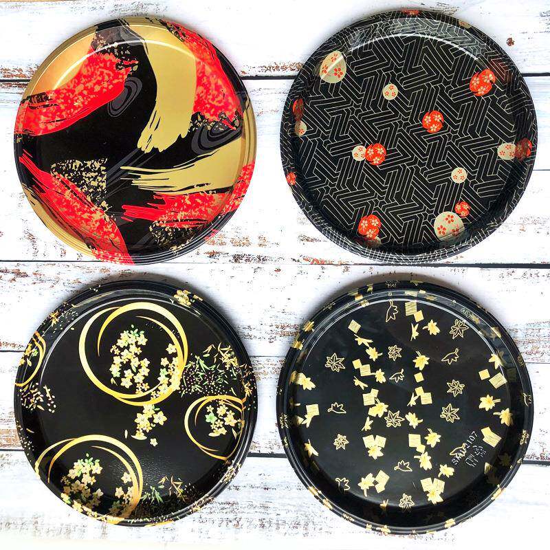 2圆寿司盒AME日盘式一次性寿司拼盘圆5形寿2司刺身盒印花圆盘金叶