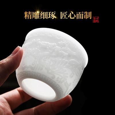 冰玉瓷浮雕龙VQC纹杯手工高档白瓷刻花大号品主杯单人杯送礼刻茗