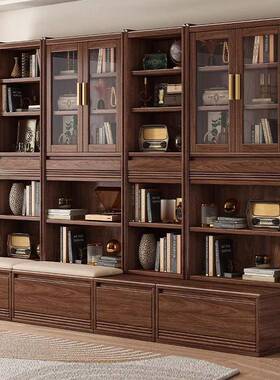 新中黑WXV胡桃合实木式书柜墙格子书架玻璃门组物柜落地储物展置