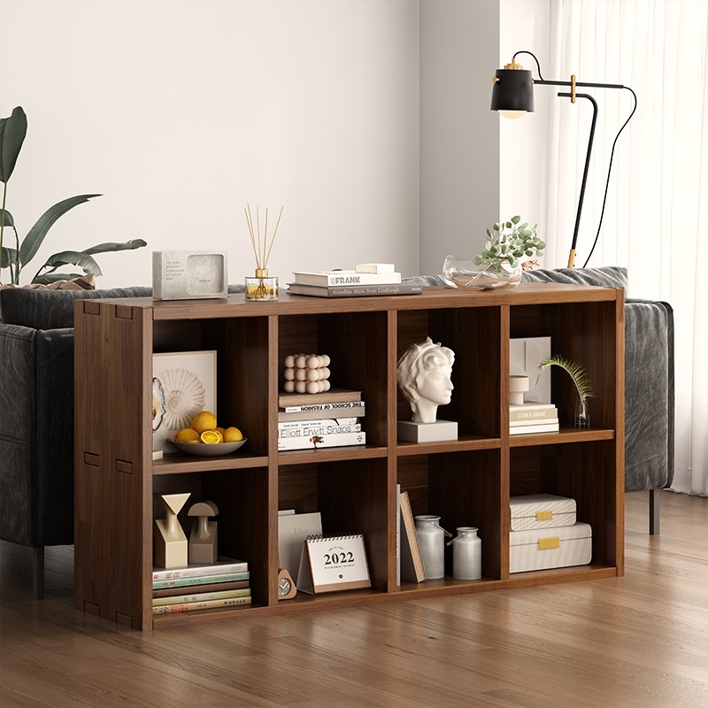 实木书架c落地矮书柜客厅隔断格子柜美式复古八格柜胡桃木色收纳