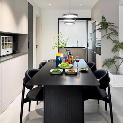 现代轻奢黑色岩桌板餐桌椅餐组饭合意式家用桌长型方JXM形小户简