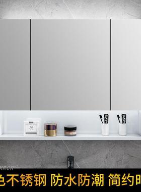 白色不锈钢浴室镜柜卫生间l带灯厕所挂墙式带置物架单独镜箱锭制