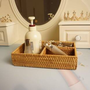 越南藤编三格收纳篮分隔分格化装品整理篮茶几桌面摇控器收纳框