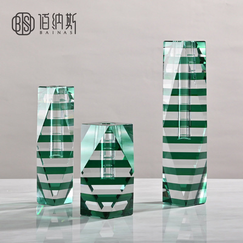 现代简约轻奢绿条纹水晶花器样板房玄关卧室办公桌面家居饰品摆件