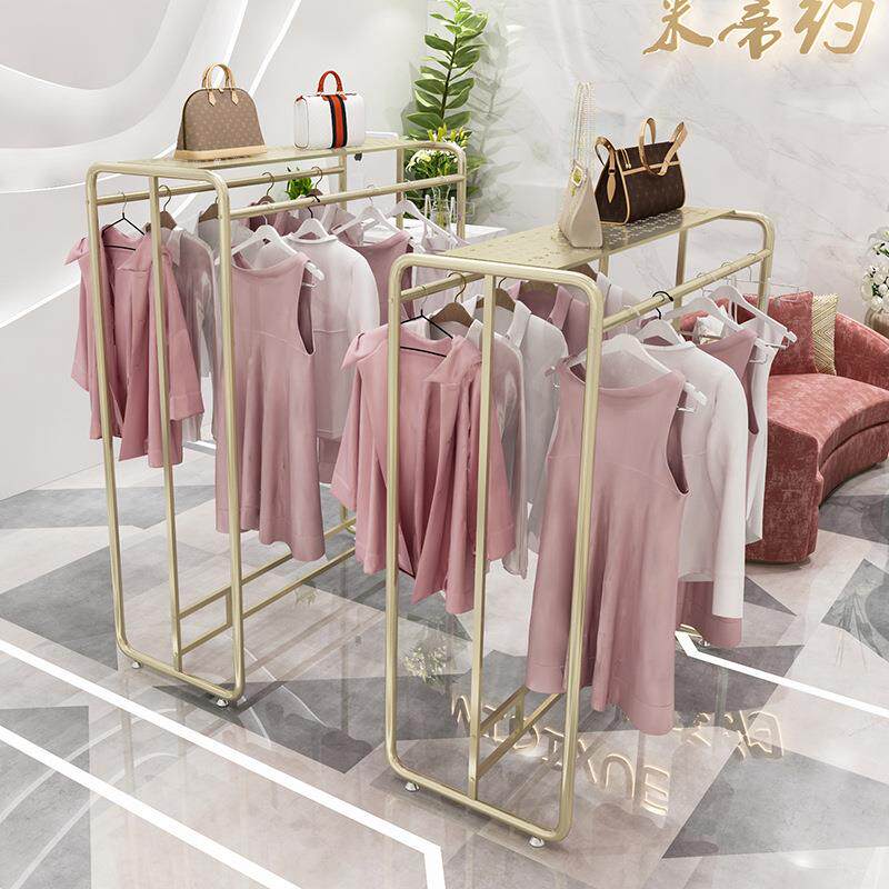 服装店金色双排中岛架双杠落地式展示架女装童装店银色挂衣服货架