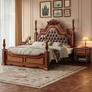 式 复古花芯木桃卧实木床轻奢床豪华雕花高级主床美HVG1米8双人床