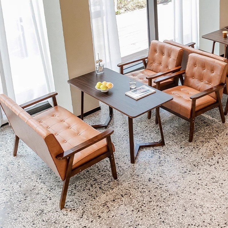 覆古咖啡厅桌椅组合民宿酒店奶茶店实木沙发洽谈会客Y接待休闲商