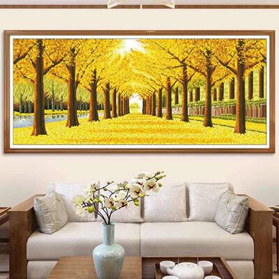 黄金满地十字风大EAL道客厅挂画棉线摇钱树景绣己印花简单自绣