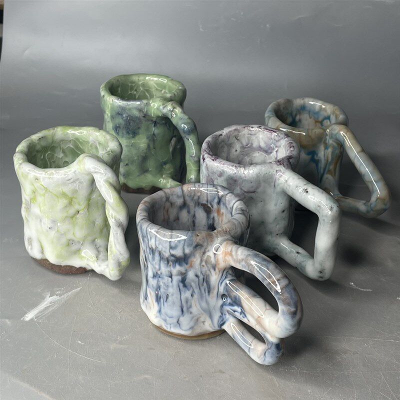 120-150毫升咖啡杯志野烧水杯创意文艺茶杯汤吞冰裂开片异形把手