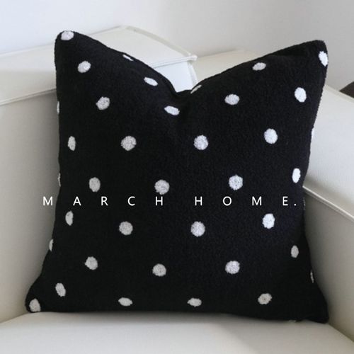 中古风羊羔绒黑白波点绣花抱枕客厅沙发靠垫靠枕腰枕装饰抱枕套