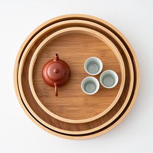 竹制圆形托盘日式茶盘简约家用带提手竹木饺子盘酒店端菜餐盘