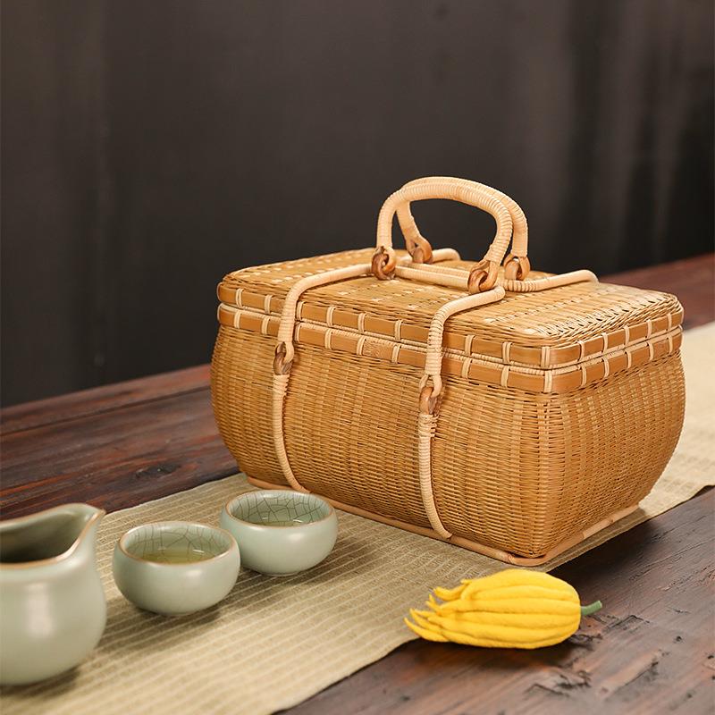 茶道收纳盒茶具收纳箱竹编原色本色便携旅行茶箱夏梦香云纱