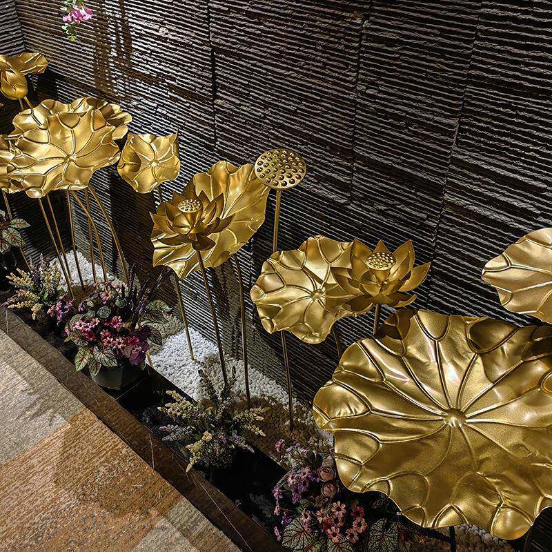 莲花室内新中式金属水景水幕墙水池摆件装饰铁艺荷花金色荷叶景观