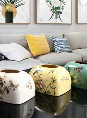 创意新中式茶家居纸巾盒客厅餐厅装饰抽盒陶瓷抽CFC纸盒轻奢纸摆