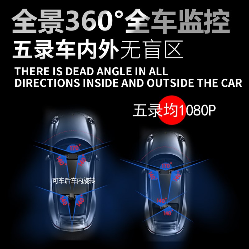 新款哨兵模式360度行车记录仪前后五镜H头红外夜视24小时停车监控