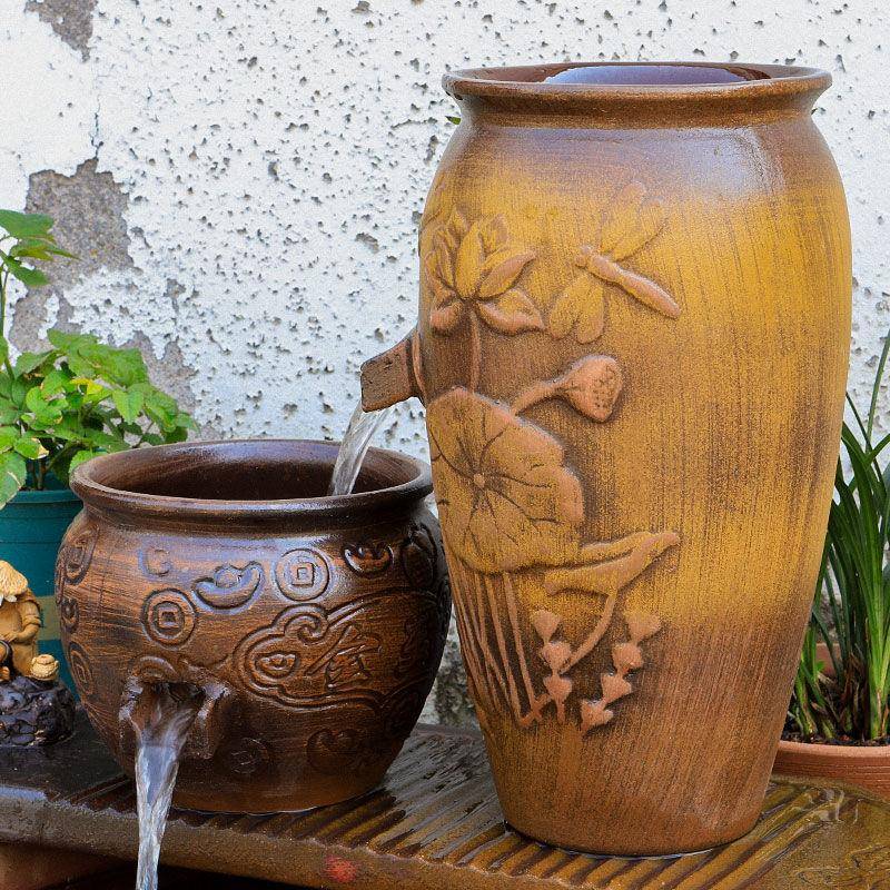 古法瓷循IOL环水养鱼造景陶陶罐缸过滤器鱼池全套生瀑态流鱼水布