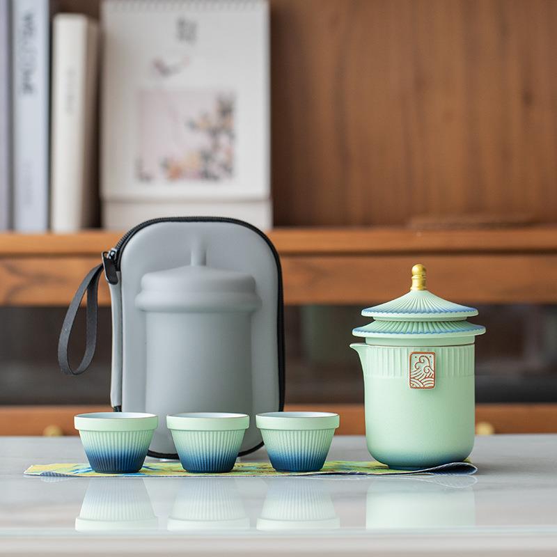 粗陶瓷宫廷风行茶具小套装一式壶三茶杯户外旅功32656夫泡壶便携