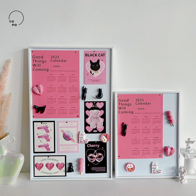 优朴2025粉色黑猫创意留言板金属白板照片磁吸展示板桌面墙面装饰