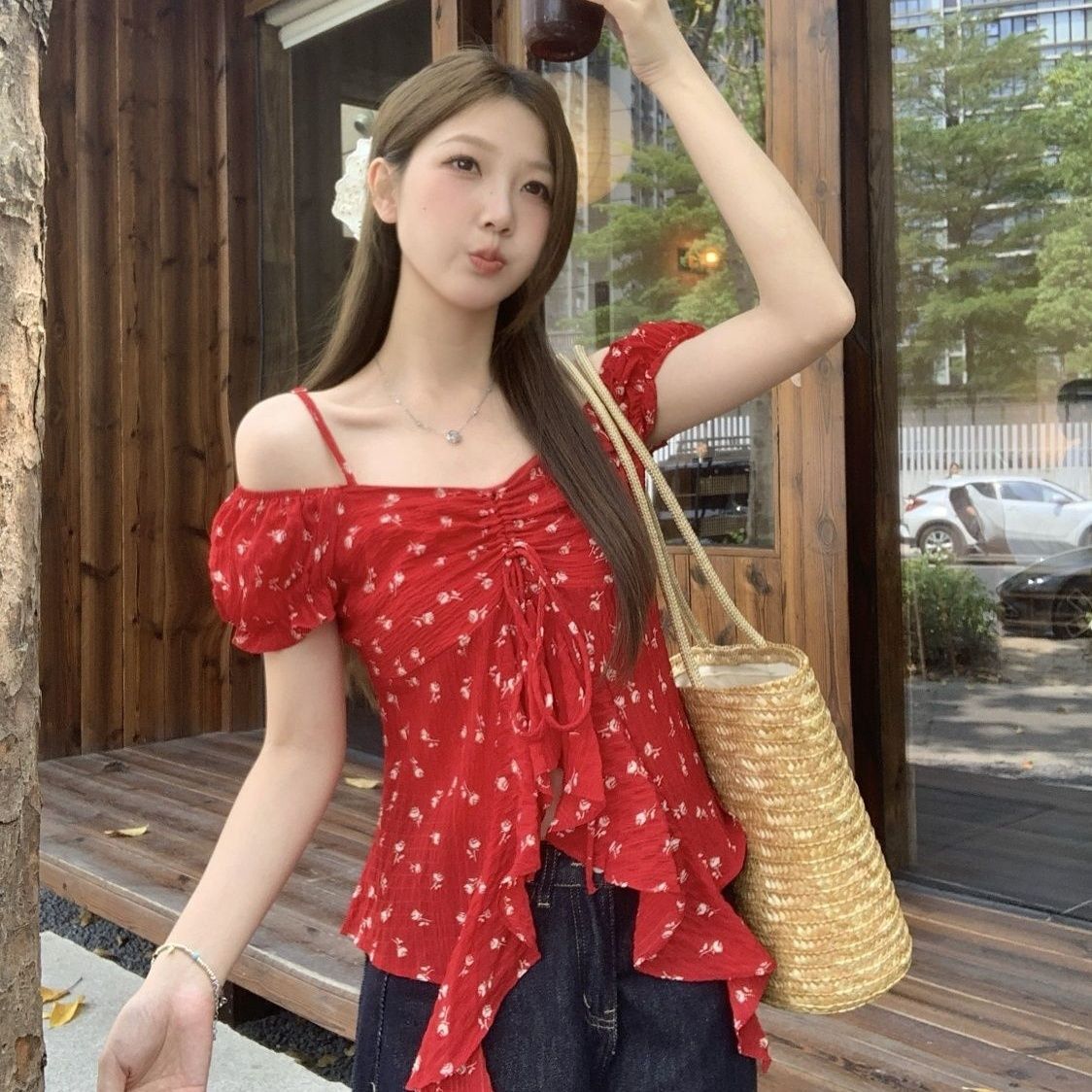 张大人大码女装胖妹妹mm显瘦套装度假风红色别致小衫牛仔半身裙