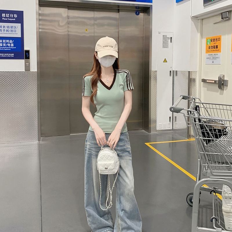 张大人新款大码女装胖mm夏季显瘦美式青色v领短袖T恤深咖半裙套装