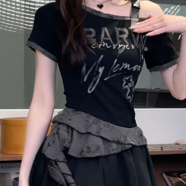不规则下摆飘带黑色短袖T恤女夏季设计感修身显瘦辣妹露肩上衣tee