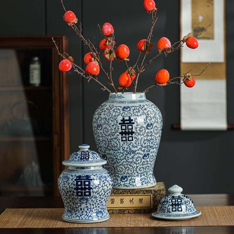 青花瓷手绘喜字陶瓷罐摆件中式古典家居软装客厅餐桌花瓶装饰品,纺织面料/辅料/配套,纺织机械配件,淘宝优惠券,粉丝福利购,淘宝优惠卷