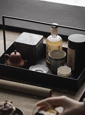 新中式铁艺提收黑色铁茶纳盒茶棚茶托篮盘样板间IZV摆具件
