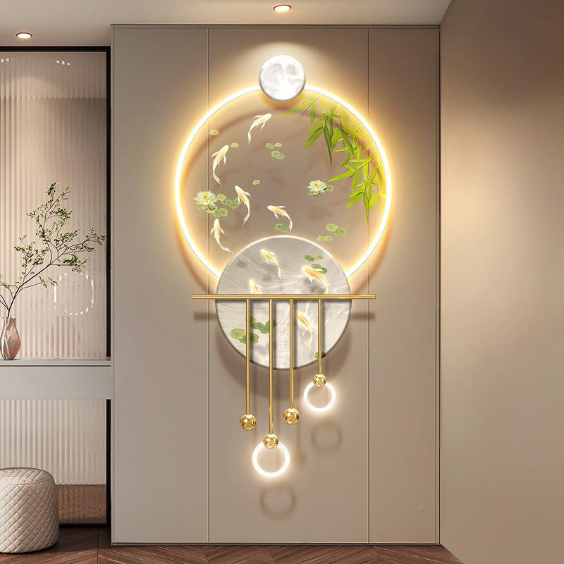 九鱼图装入户门关饰画奶风竹子发UIW光壁油画绿玄植走廊过道带灯