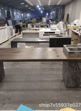 桌岩新中式胡木茶桌板中岛台桃52335餐桌一体水槽茶台接待茶家用