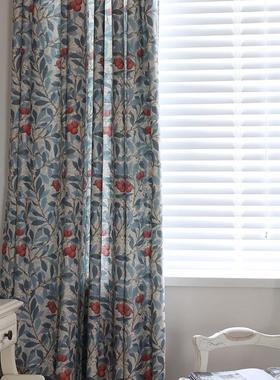 杨梅红落美式复古印窗帘38130蓝色植花卉棉麻地窗客厅卧室成品物