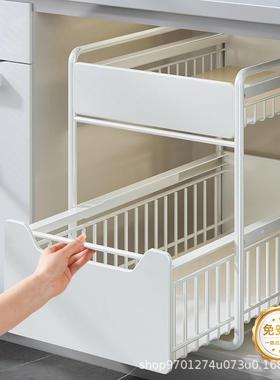 厨房下水层FEL槽置物架不钢双层锈抽调味料锅具收纳架橱柜拉篮拉