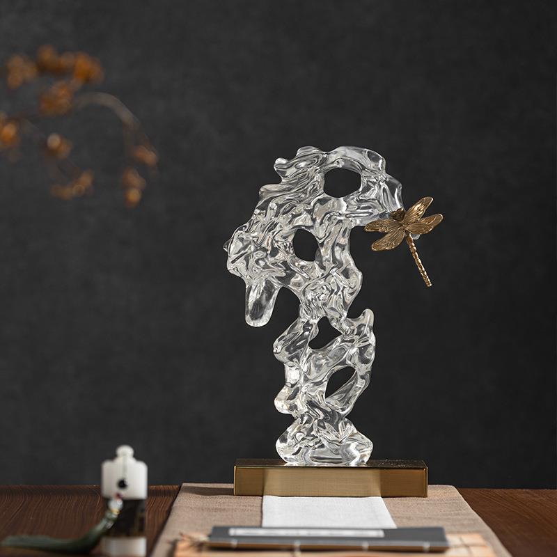 艺贝子新中式透明太湖石假山摆件中意茶室饰禅LZY样板间铜古蜻蜓