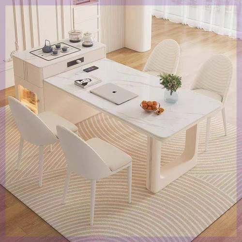 奶油风岩板台餐缩体桌茶台一可伸小岛户型高端家用轻奢餐厅BLY中