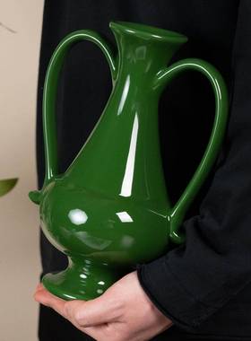 法古典双耳绿色陶瓷花瓶高式级感水插花器家居FS14479-摆艺术培件