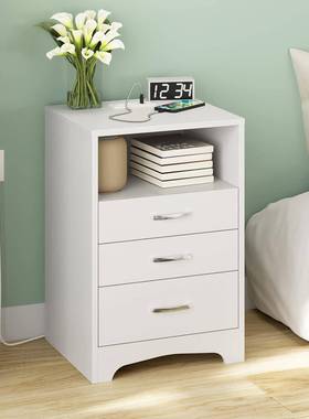 带充电站的白色床头柜,现代边桌带3个抽屉卧室床头柜带USB端口