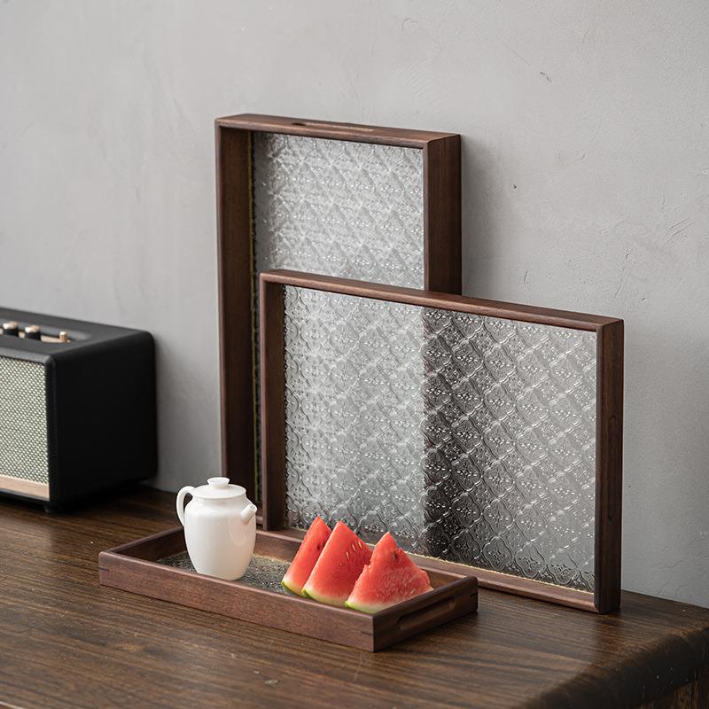 海棠花复古玻璃托盘家用长方形胡桃木茶盘杯子茶具收纳水果点心盘