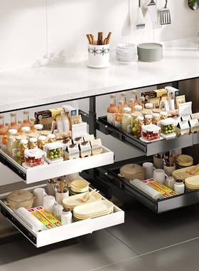 厨橱柜下碗碟调味料收纳JWC架打孔抽碗免架可伸缩储房物拉篮置拉