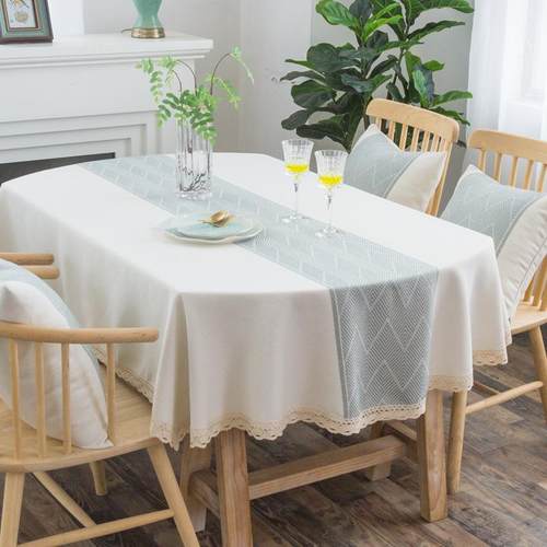 椭感圆形布布长艺轻奢高级棉麻椭圆餐桌桌布自带SL-1052桌旗伸缩