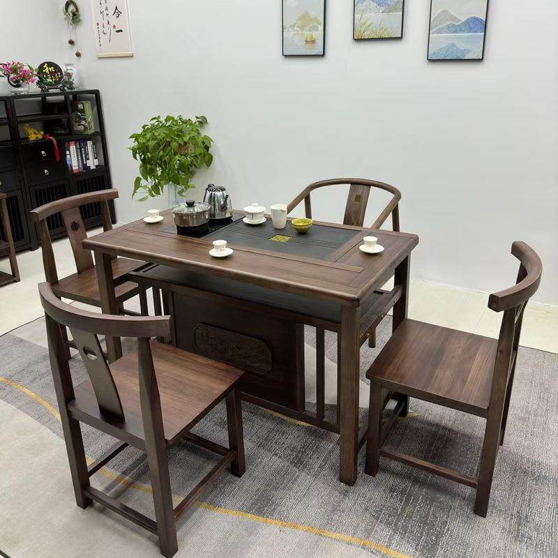 中式阳台茶桌组合泡黑胡桃木KNK色小户型家茶用小台桌茶台椅实木