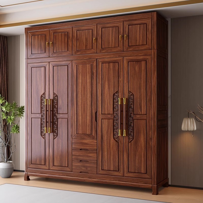 新古典全实木衣柜乌金木卧室家用新中式复古纯木质W三四五门大衣