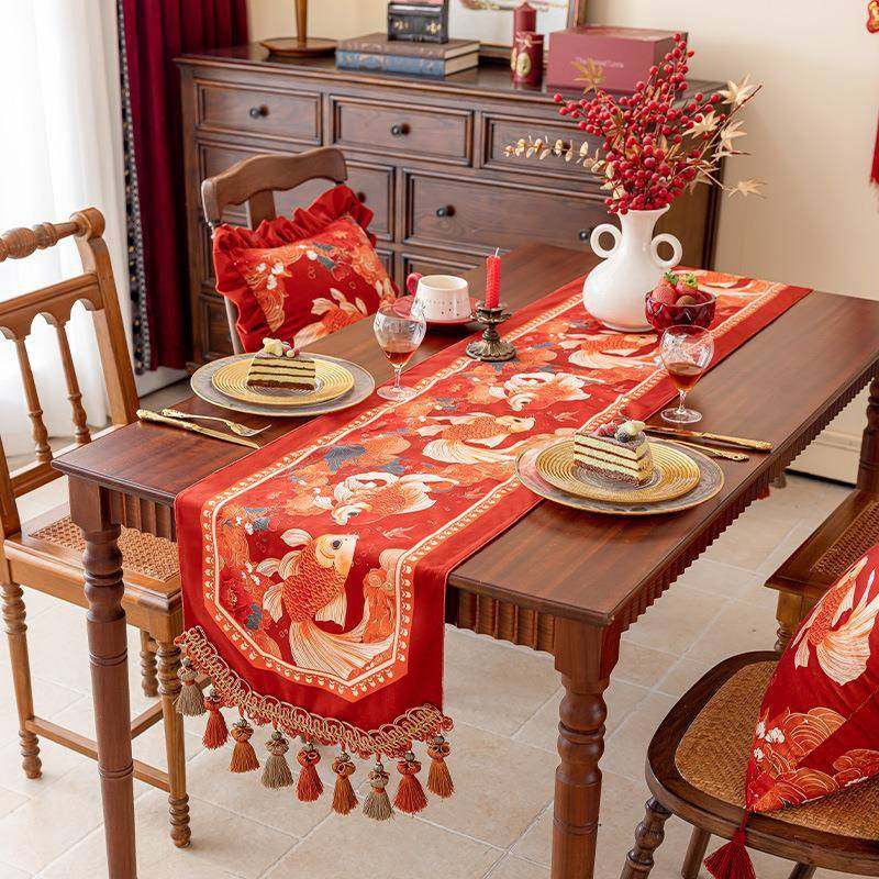 新餐中式新年春节桌桌锦鲤桌旗旗节氛感红色喜日庆桌布装饰围结婚,居家布艺,桌旗,淘宝优惠券,粉丝福利购,淘宝优惠卷