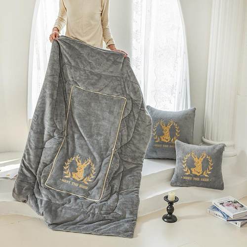 抱枕面两被子用冬天加厚双牛一奶绒午睡毯枕头二合车1上睡觉可折